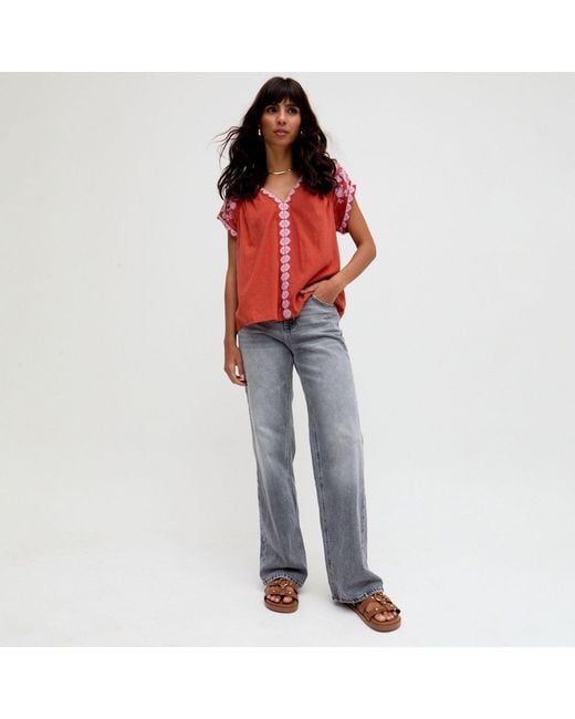 Raffya Orange Luna Blouse With Embroidery