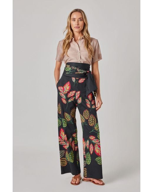Marianna Déri Black Wide-Leg Trousers With Leaf Print And Tie Belt