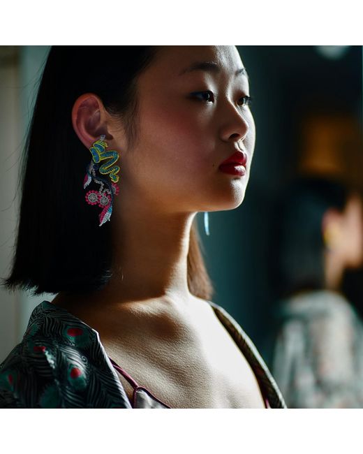 Nana Watanabe Blue Garden Snake Floral Embroidered Earrings