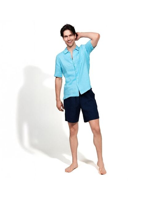 Maison Tangerine Blue Aqua Linen Short Sleeve Shirt For for men