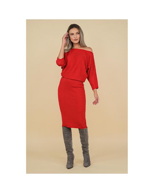 ROSERRY Red Off-Shoulder Ribbed Jersey Midi Dress