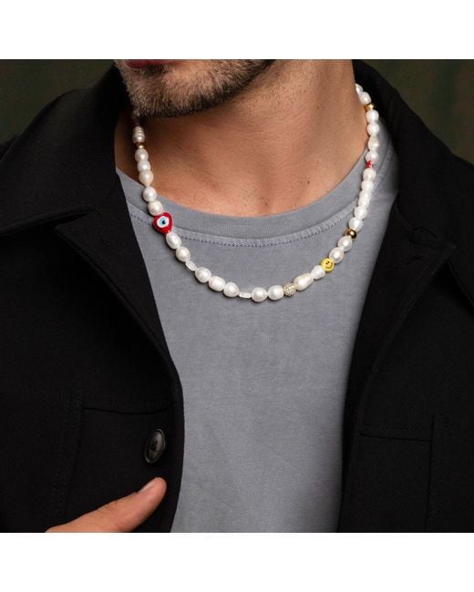 Nialaya Metallic Smiley Face Pearl Necklace With Assorted Beads for men