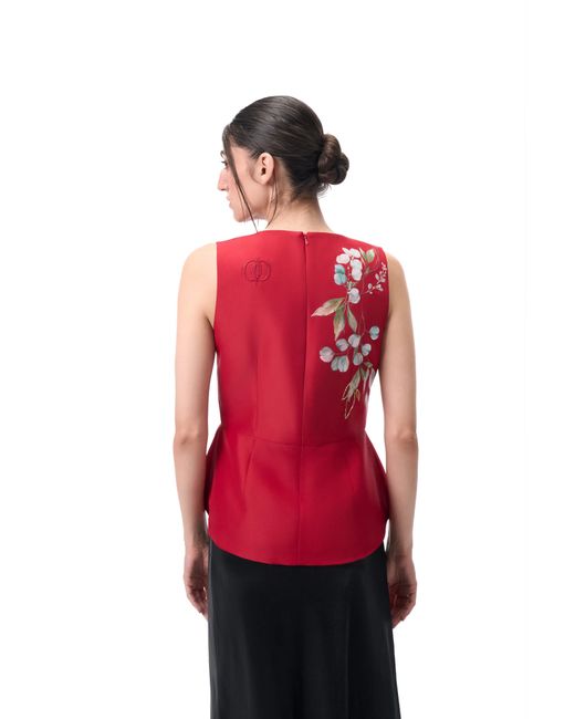 Rondooz Red Hand Painted Satin Peplum Top With Hand Applied Embellishment