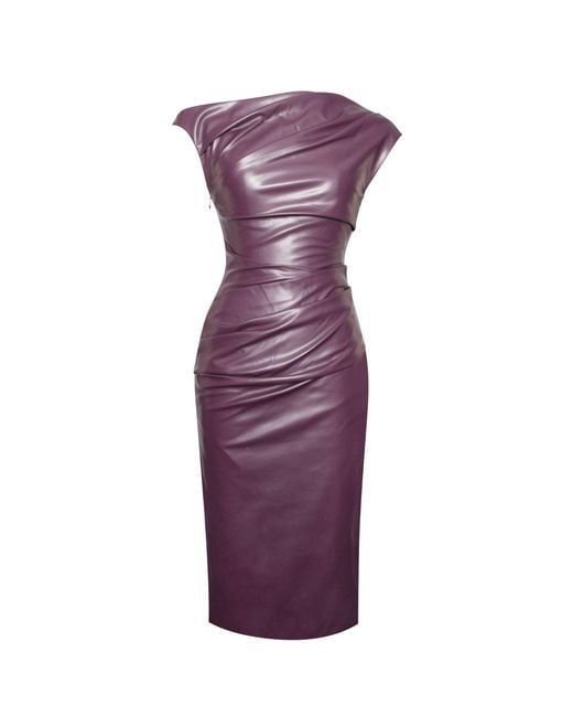 Miss Circle New York Purple Sabina Leather Slash Neck Midi Dress