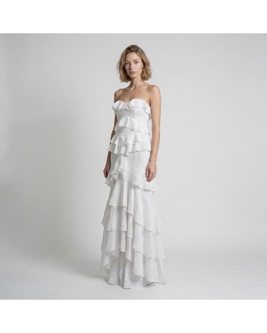 Modenaire White Tiered Ruffle Maxi Dress Strapless Silhouette