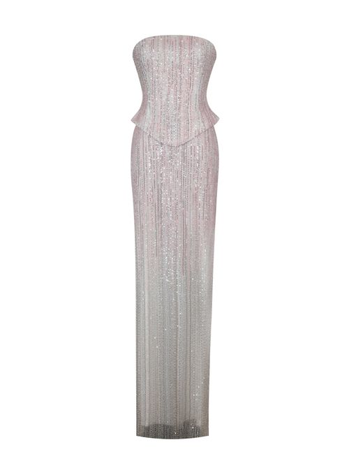 Miss Circle New York White Tosca Beaded Blush Gradient Strapless Peplum Maxi Dress