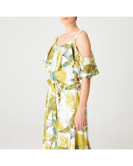 Smart and Joy Yellow Tropical Printed Trapeze Dress With Ruffles And Thin Straps