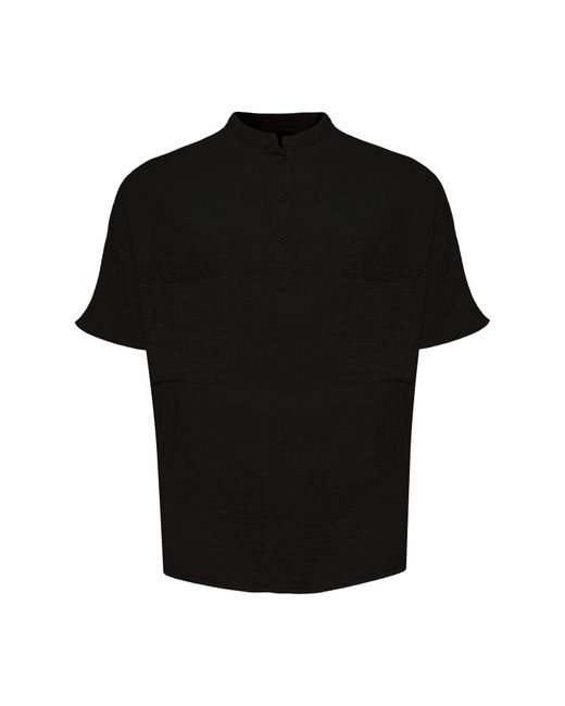 Monique Store Linen Mandarin Neck Half Button Two Chest Pockets Shirt Black for men