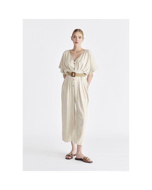 Paisie Natural Neutrals Linen Blend Button Jumpsuit