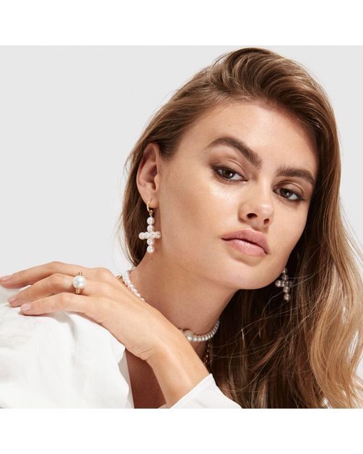 Ora Pearls Metallic Aelia Cross Pearl Hoop Earrings