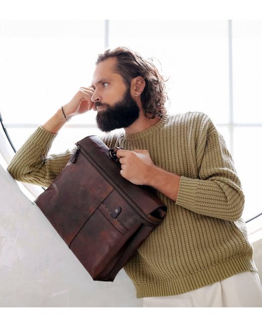 Time Resistance Brown Leather Briefcase Laptop Bag for men