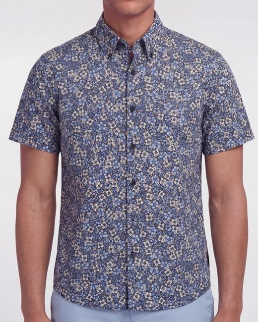Lords of Harlech Blue Tim Floral Field Printed Button Up Shirt for men