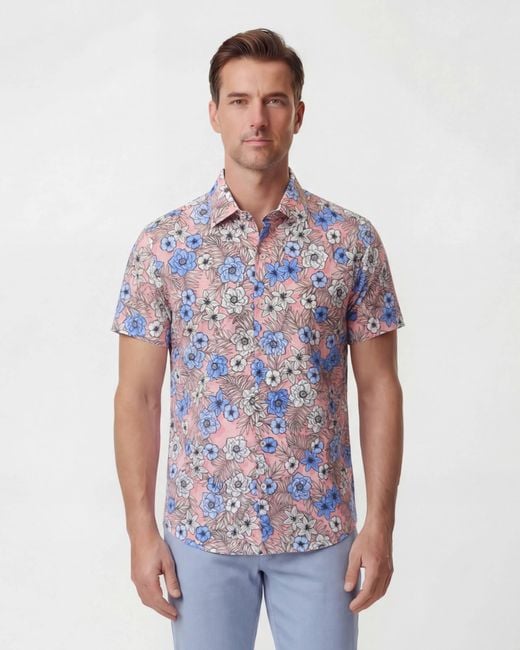 Lords of Harlech Blue Scott Tropical Mix Coral Printed Button Up Shirt for men