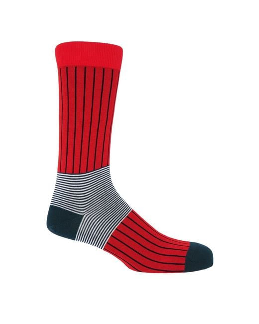 Peper Harow - Made in England Red Scarlet Oxford Stripe Socks for men