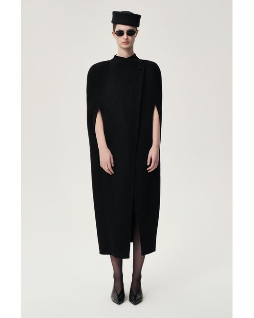 FRONT ROW SHOP Black Double-Faced Sculptural Wool Cape Coat