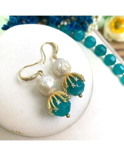 Farra Blue Freshwater Pearls With Jade Dangle Hook Earrings