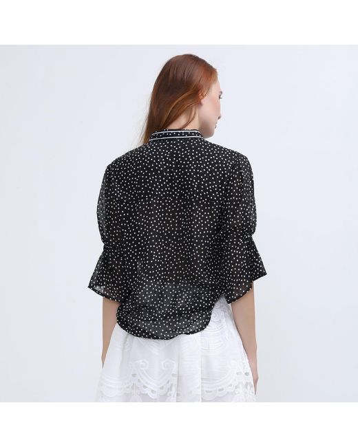 Smart and Joy Gray Polka Dots Tulip Sleeves Chiffon Blouse