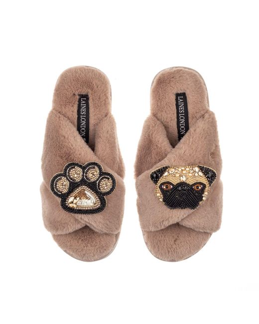 Laines London Brown Classic Laines Slippers With Franki The Fawn Pug & Paw Brooches