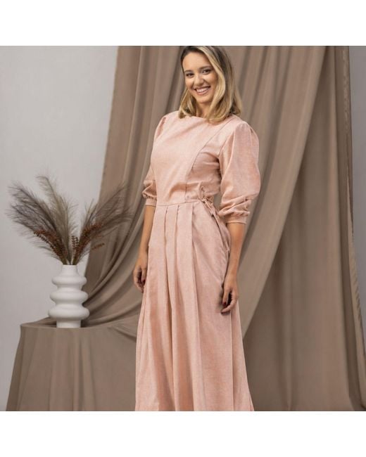 Nikka Place Pink Summer Linen Pleated Dress With Pockets