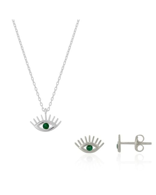 Spero London Metallic Emerald Eye Evil Eye Sterling Necklace & Stud Earring Set