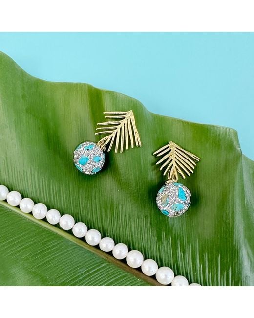 Farra Blue Leaves With Rhinestone Earrings