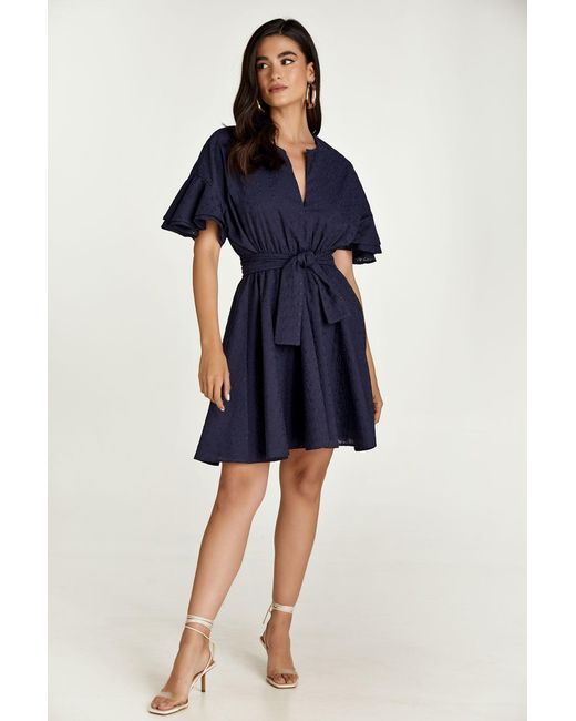 Conquista Blue Dark Embroidered Dress With Ruffle Sleeves