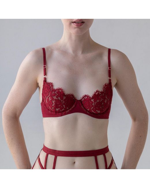 MONIQUE MORIN LINGERIE Red Frisson Scoop Demi Bra Bloodstone