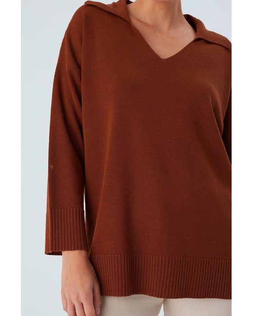 Peraluna Brown Polo V Neck Wide Sleeve Loose Fit Knit Pullover