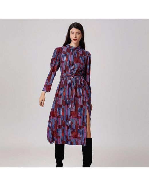 Smart and Joy Purple Geometric Print Viscose Midi Shirt Dress