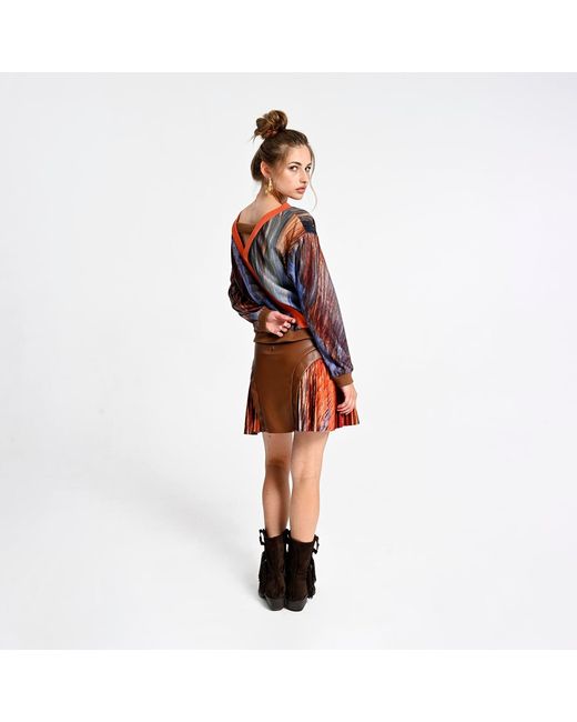 Lalipop Design Brown Mini Skirt With Pleated Digital Print Inserts And Vegan Leather Panels