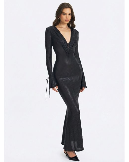 Miss Circle New York Black Ilysia V-Neck Plunge Snakeskin Mermaid Hem Maxi Dress