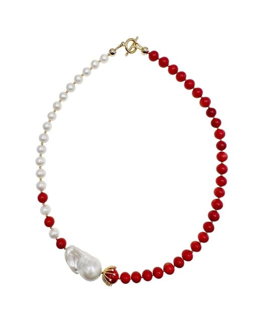 Farra Red Freshwater Pearls And Coral With Baroque Pearls Elegant Necklace