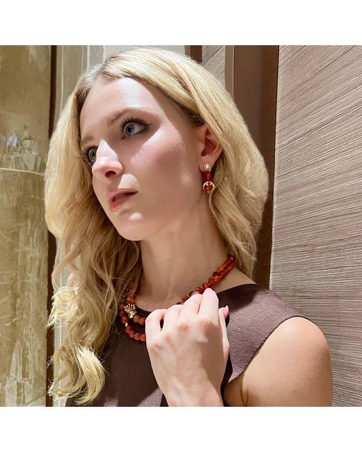 Farra Red Matte Finish Agate Dangle With Pearl Stud Earrings