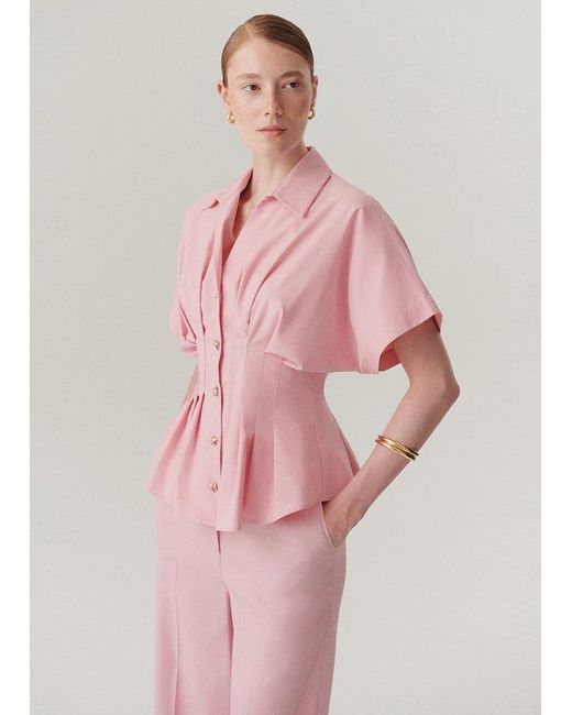 Exquise Pink Regular Pleated Waist Button-Up Blouse