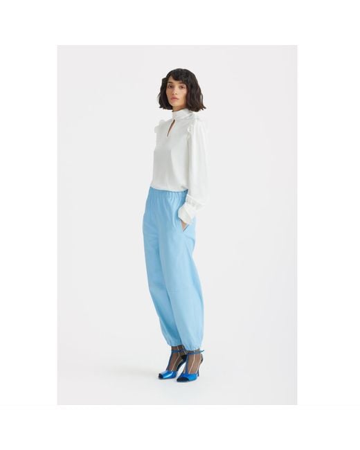 Julia Allert White Neutrals Designer Satin Blouse With Bishop Sleeves And Stand Collar –