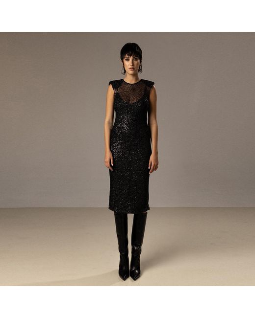 Nissa Black Sequined Mesh Midi Dress