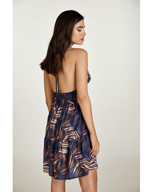Conquista Blue Leaf Print Empire Line Mini Dress
