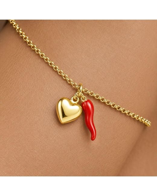 Unaloe Metallic Vermeil Cornicello & Heart Charm Bracelet – Enamel Italian Good Luck Jewelry, Handmade Lucky Talisman