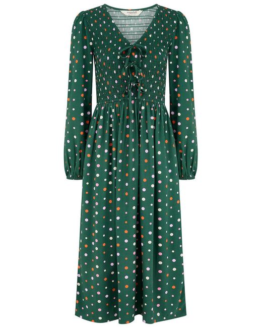 Sugarhill Green Kasia Shirred Midi Dress Dark Dots