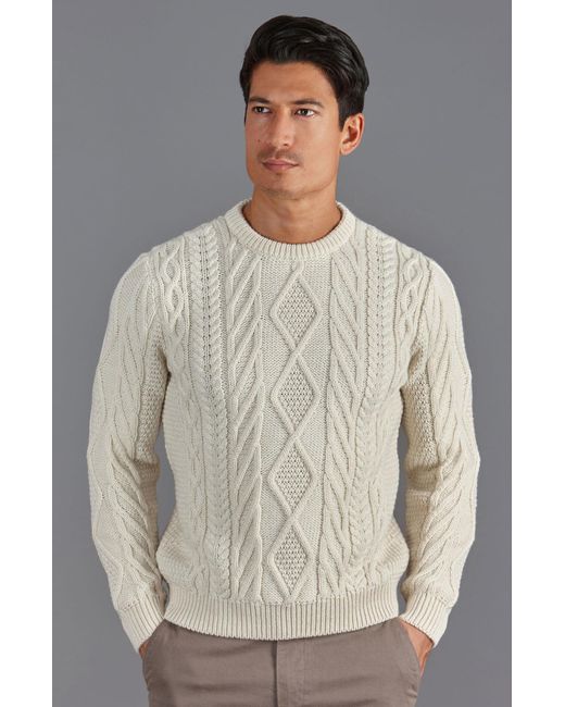 Paul James Knitwear Gray Neutrals Chunky Merino Wool Cameron Cable Jumper for men