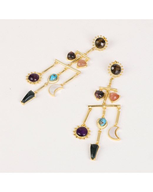 Lila Rasa Metallic Multi Stone Balance Drop Earrings With 7Semi Precious Gemstone