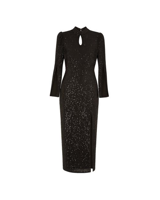 Yumi' Black Sequin Fitted Midi Dress With Flute Sleeves