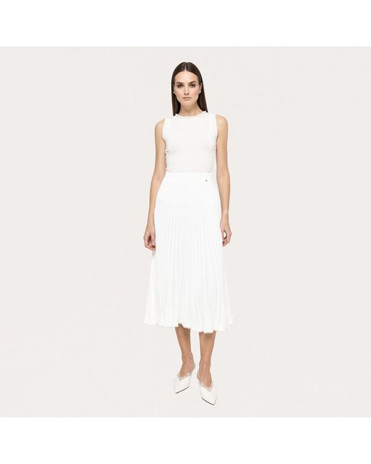 Nissa White Pearl-Trim Pleated Midi Skirt