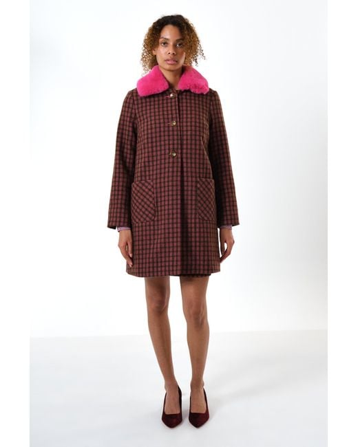 Louche Red Dryden Wyoming Check Faux Fur Collar Coat