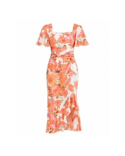Girl In Mind Orange Heidi Floral Print Ruched Midi Dress