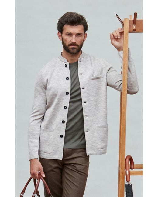 Paul James Knitwear Gray Neutrals Extra Fine Merino Wool Alonzo Knitted Nehru Jacket for men