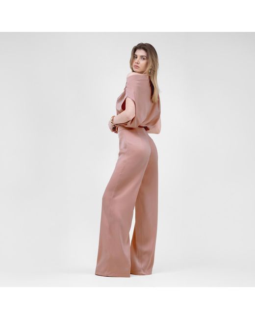 BLUZAT Pink Neutrals Bronze Set With Asymmetrical Draped Top And Wide Leg Trousers