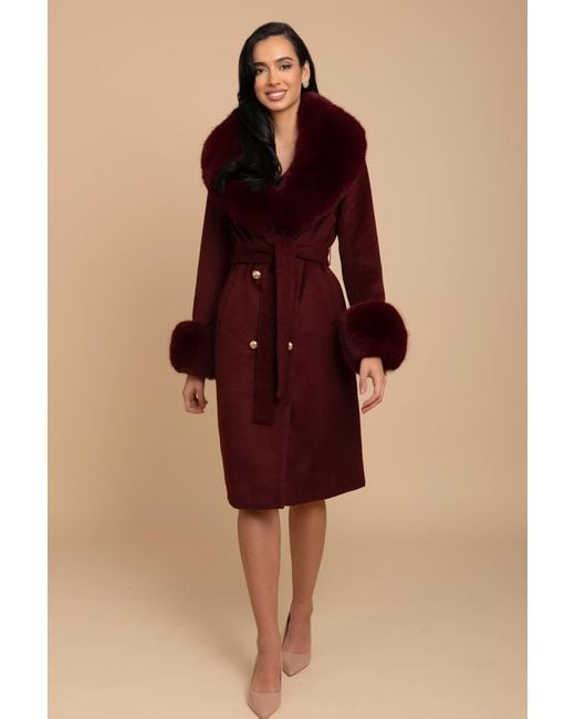 Santinni Red Luxurious Cashmere-Wool Coat With Faux Fur