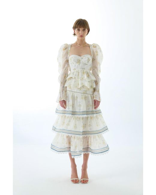 We Are Kindred White Cynthia Silk Tiered Midi Skirt