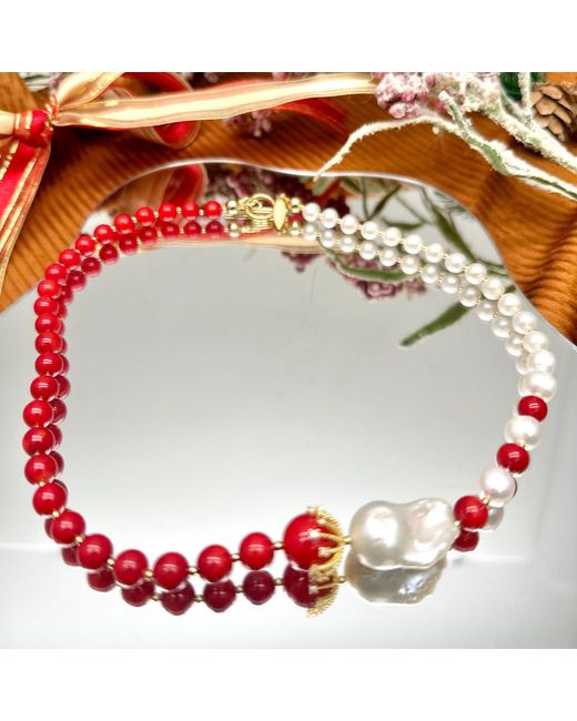 Farra Red Freshwater Pearls And Coral With Baroque Pearls Elegant Necklace